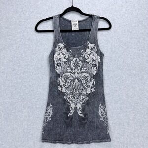 Vocal Tank Women L Gray Acid Wash Rhinestone Embellished Ribbed Graphic McBling